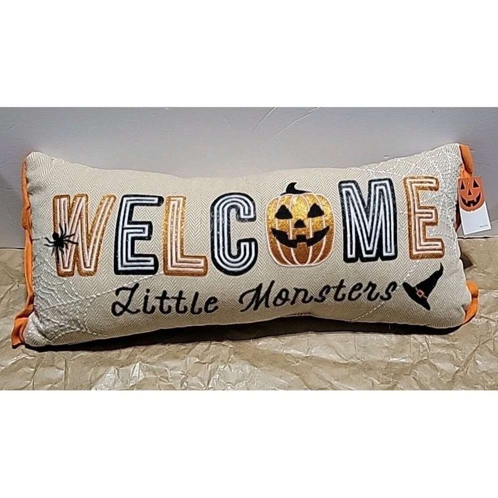 Halloween Throw Pillow Welcome Little Monsters Holiday Haunting Home Decor NEW